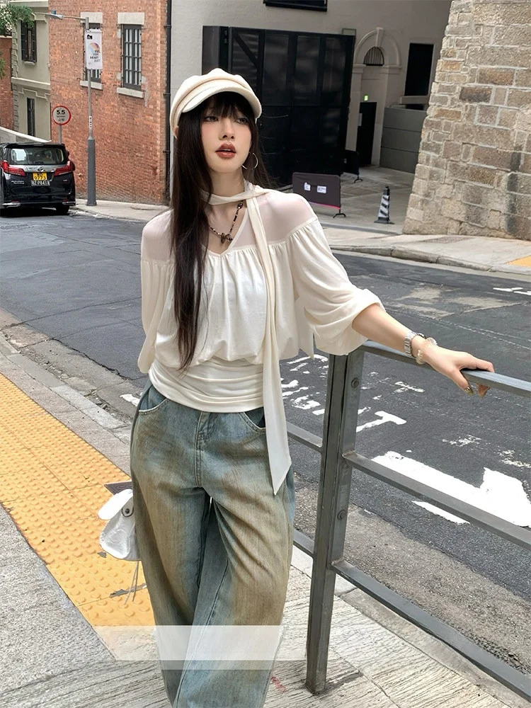 

Elegant V-neck Short Sleeve T-shirt Women Summer Waist-cinching Lace Hanging Neck Top Breathable Loose Fit Cotton Blend