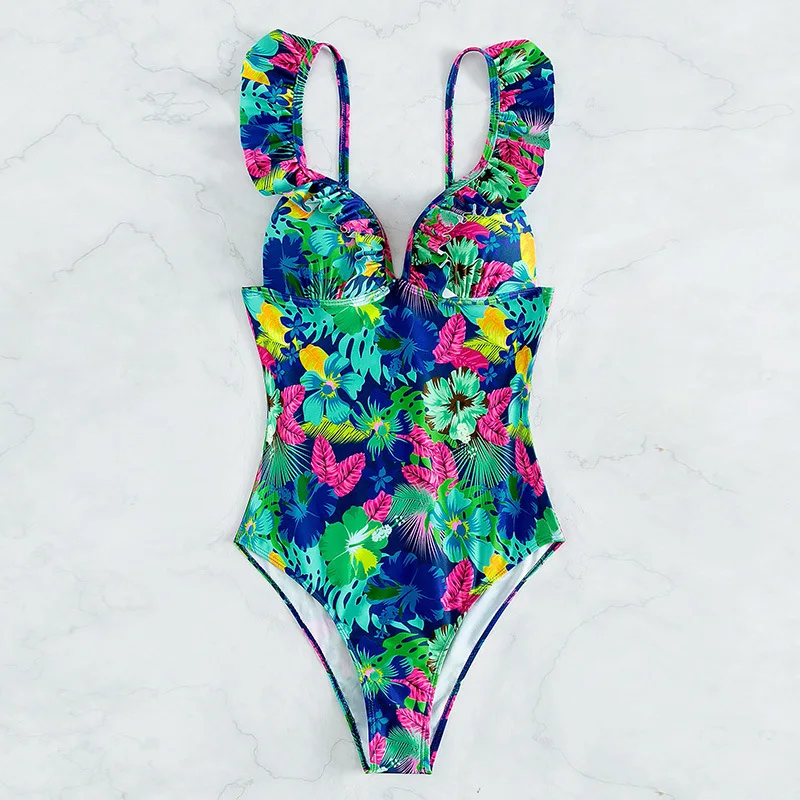 Push Up One Piece Swimsuit Women 2023 Sexy Printed Floral Ruffle Trikini Swimming Suit For Women Swimwear Plus Size Bathing Suit