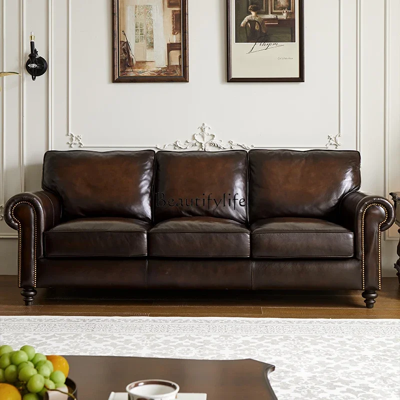

FG17Sofa American retro all-leather sofa polished imported first-layer cowhide