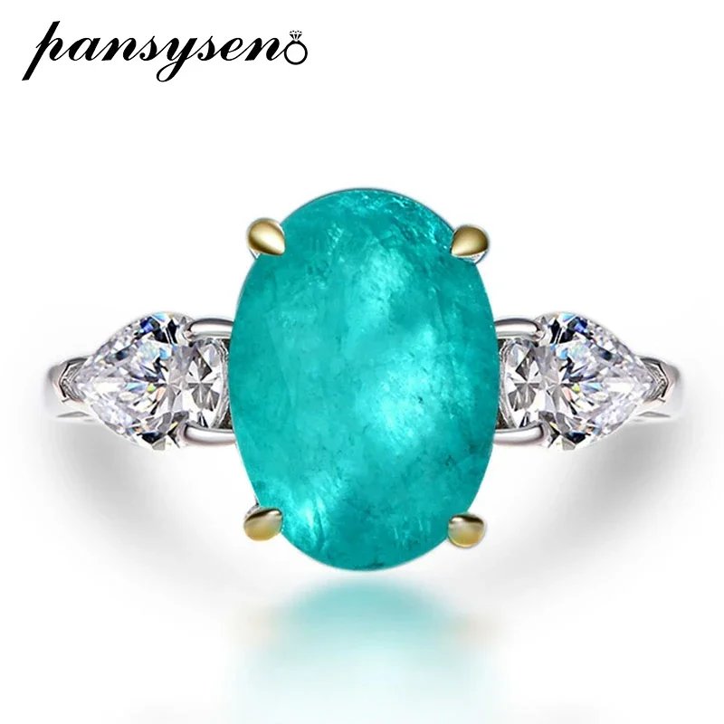 

PANSYSEN 925 Sterling Silver 5CT Oval Cut Paraiba Tourmaline Wedding Engagement Diamond Ring 18K white gold plated Fine Jewelry