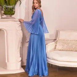 Remarkable A-line V-neck Prom Dresses Illusion Flare Sleeve Straps Floor-length Evening Dresses  Open Back Retro Party Dresses