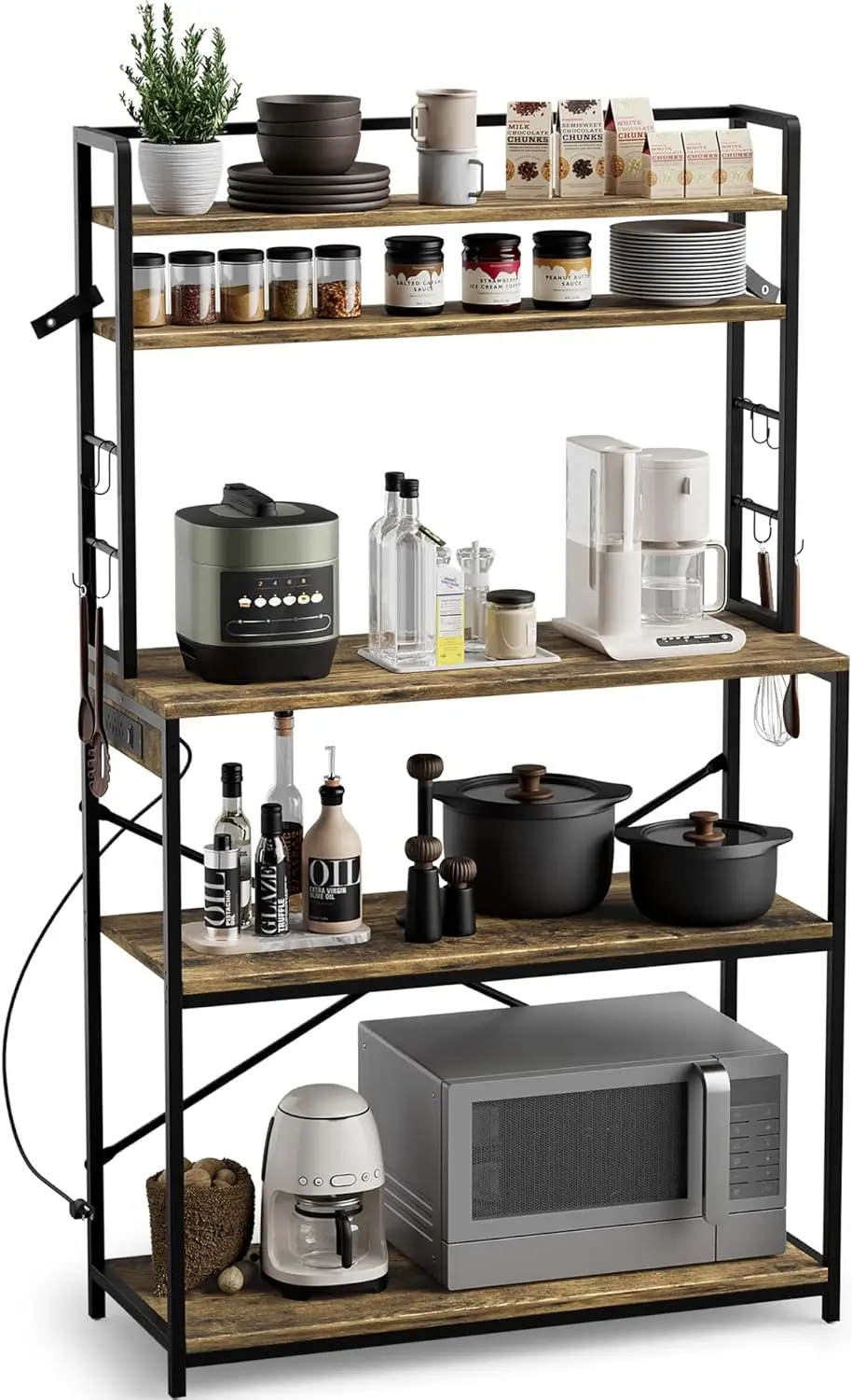 

Стеллаж-органайзер с розеткой, 100 см, подставка для микроволновой печи с 8 S-образными крючками, 5-ярусная стойка для кофе-бара