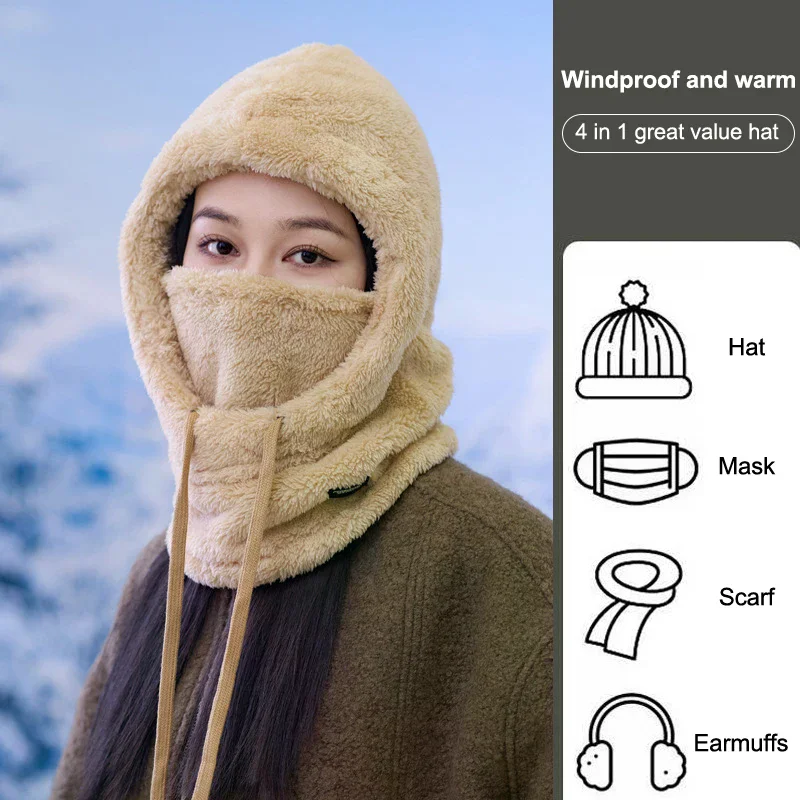 Soft Solid Color Cycling Windproof Cap Hood Thermal Winter Balaclava Drawstring Keep Warm Ski Mask Hat Women