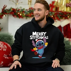 Stitch Christmas Print Men's Autumn and Winter Hoodie Plus Velvet Sports Sweatshirt Black Loose Men's Clothing