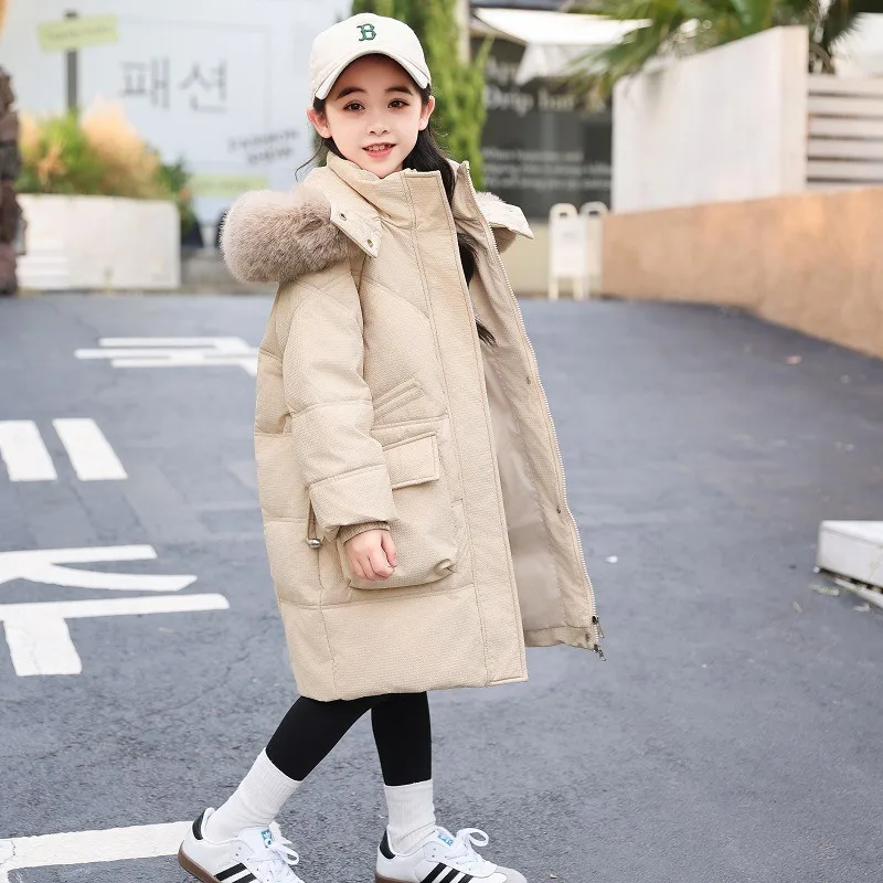 Winter Down Jackets Faux Fur Hooded Children Girls White Duck Down Jackets 2-12Yrs Teens Girls Thicken Outerwear Coat Snow Suits