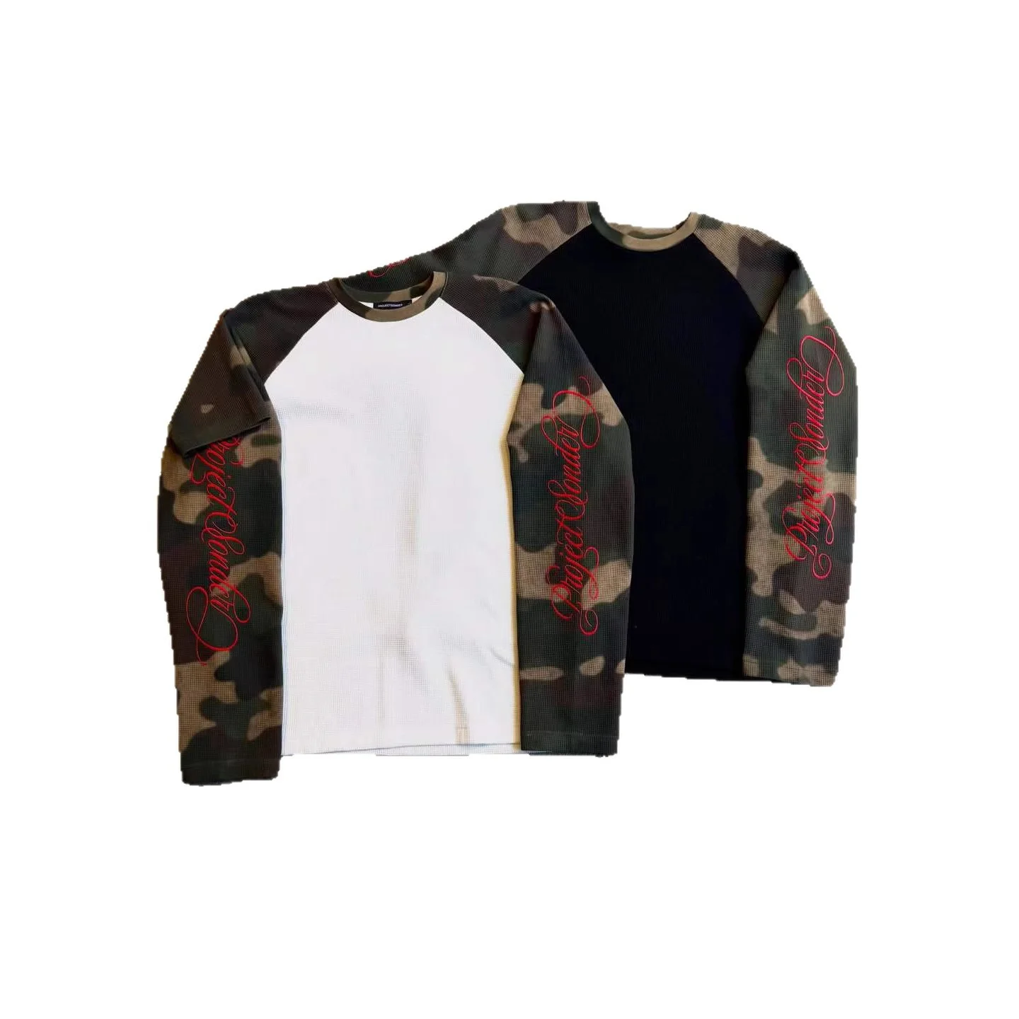 Retro Camouflage Raglan Langarm-T-Shirt Unisex Rot Kursiv-Stickerei Gerippter Strick Lockerer Street-Style Warmer Pullover für Männer und Frauen – Detail 2