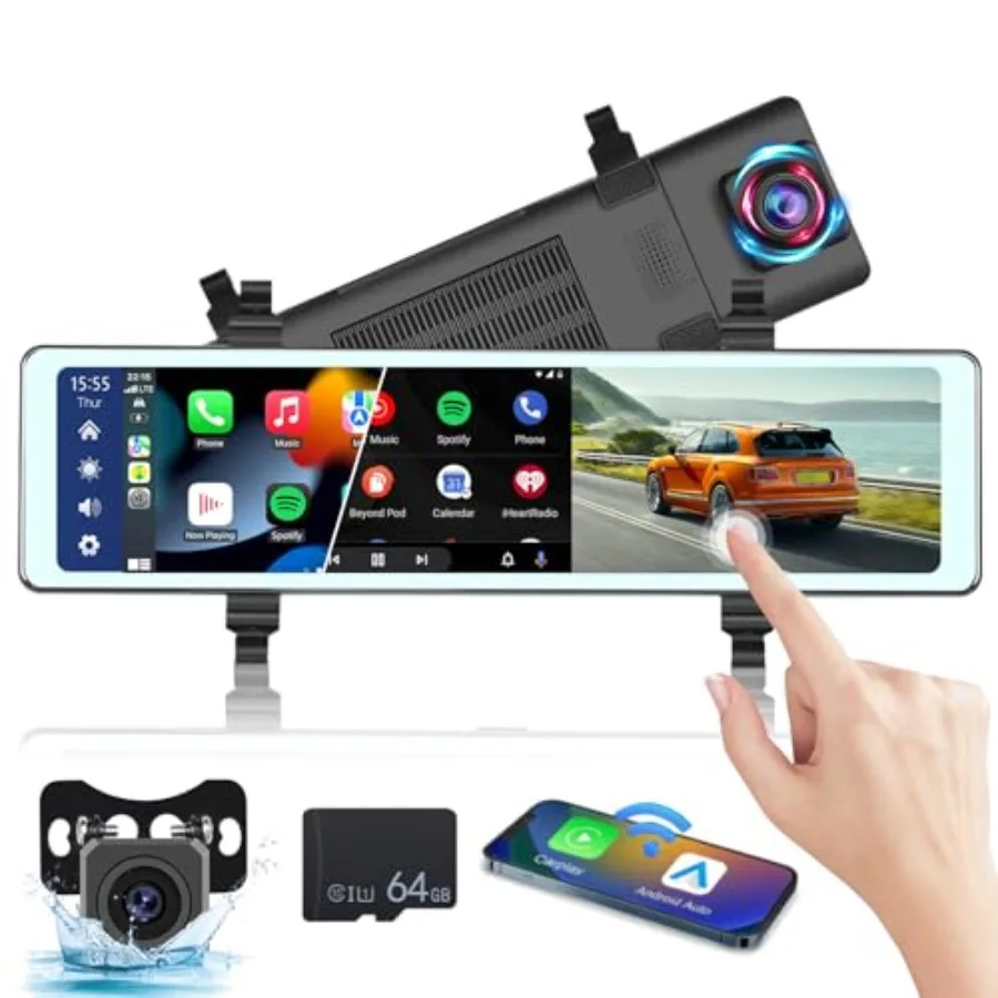 Rear view mirror camera for car, ABS plastic, black, 11.26-inch display with CarPlay and Android Auto, front and rear dash cam,