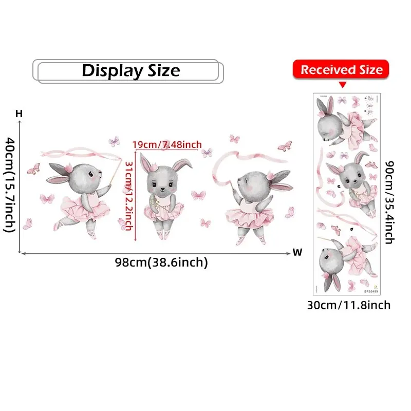 Cartoon Three Gray Rabbits Dancing Ballet Butterfly Wall Stickers for Kids Room Bedroom Nursery Home Decoration Wall Decal