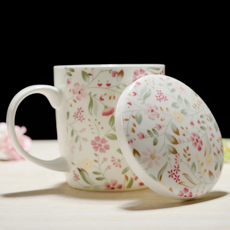 350ML, real bone china coffee cup, floral design, porcelain original breakfast cups, ceramic cups and mugs with lid, cute mug