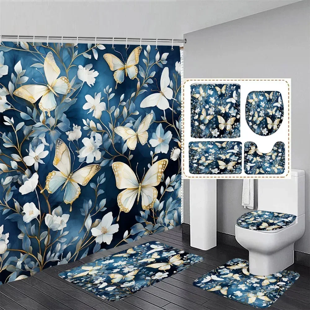 Fashion Pearl Floral Shower Curtain Set Grey Black Geometric Stripe Curtains With Bath Mat Toilet Lid Cover Bathroom Decoration