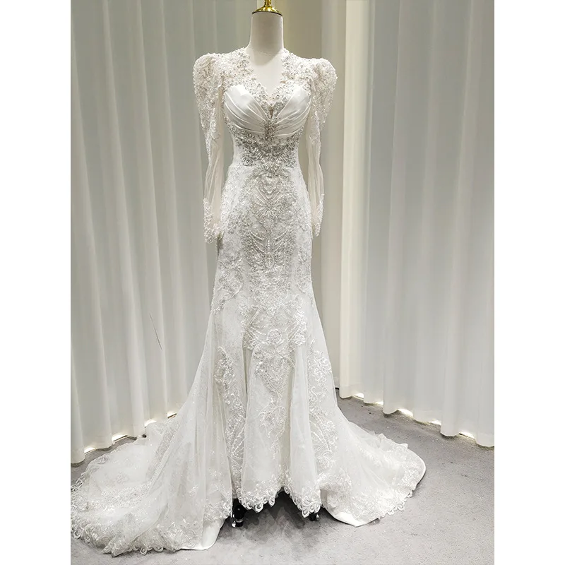 

Wedding Dresses Long Sleeve Fashion Vestidos De Novia Court Train Appliques Beaded Robe De Mariée Lace Mermaid Custom-Made