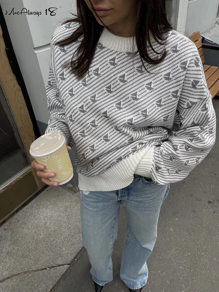 Mnealways18 Fashion Women Printing All-Match Sweater Autumn Winter 2024 Causal O-Neck Knitting Pullover Tops Office Ladies Kint