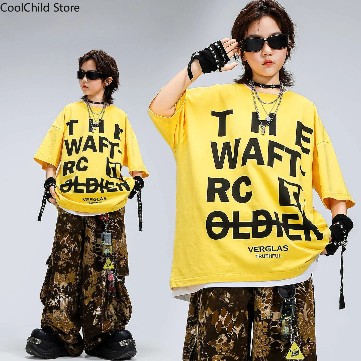 Boys Hip Hop Yellow T-shirt Snake Print Cargo Pants Girls K-pop Street Dance Costumes Children Streetwear Kids Jazz Clothes Sets