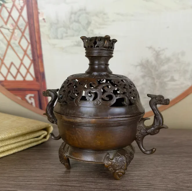 Chinese Ancient Bronze Three Legged Beast Hollow Out Incense Small Incense Stove