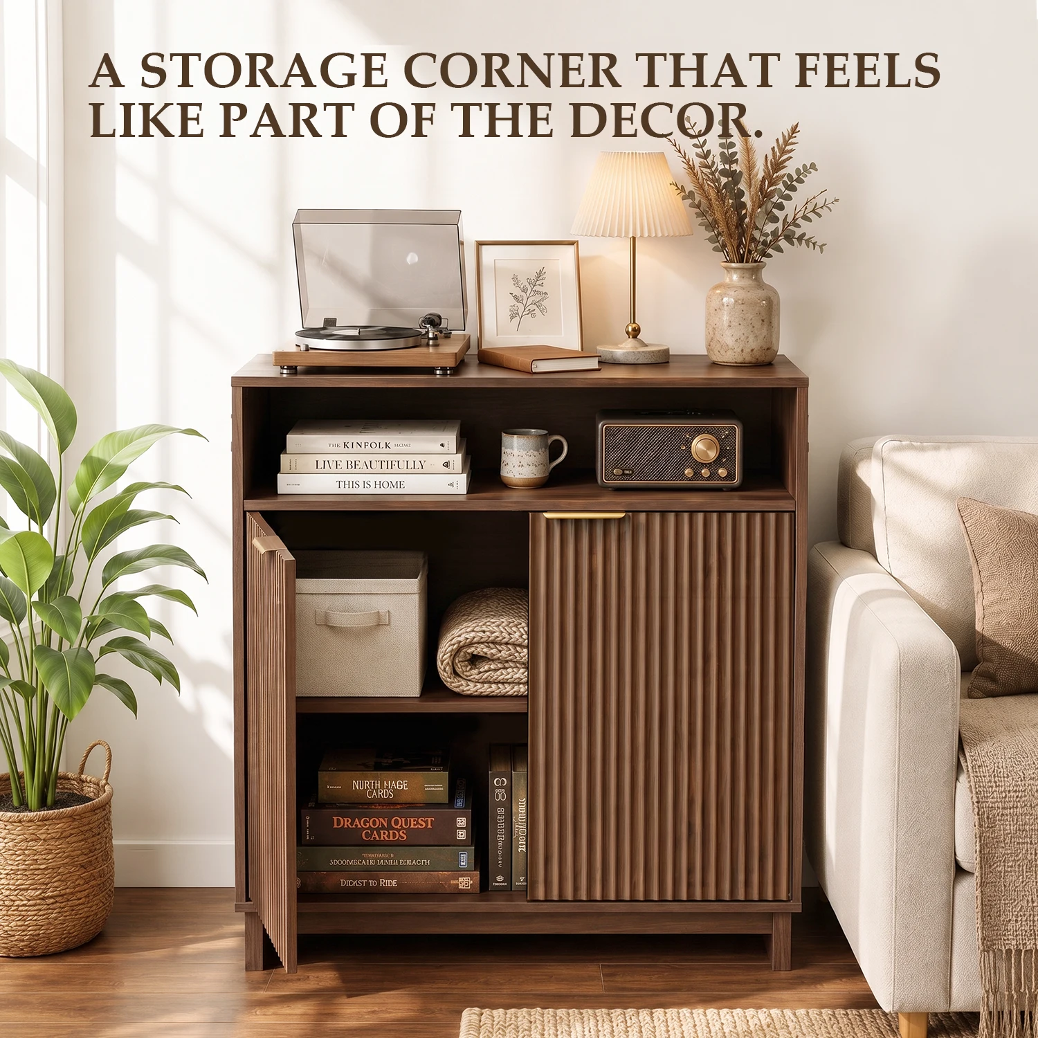 TinyNest Kitchen Sideboard Buffet Cabinet with Storage, 31.5 inch Fluted Wood Coffee Bar Cabinet Pantry with Door and Adjustable Shelves, Mid Century Modern Console Table for Bathroom and Living Room, Dining Room, Entryway