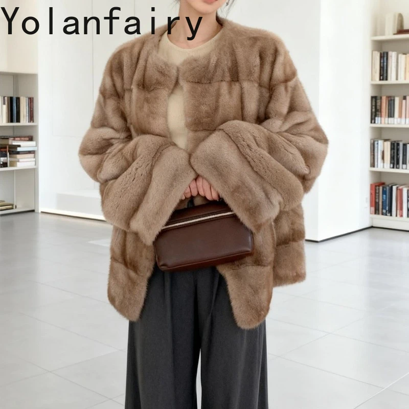 เสื้อโค้ทขนสัตว์แท้ YOLANFAIRY สำหรับผู้หญิง ขนมิงค์แท้ทั้งตัว สไตล์วินเทจ หรูหรา สำหรับฤดูหนาว รุ่นสั้น