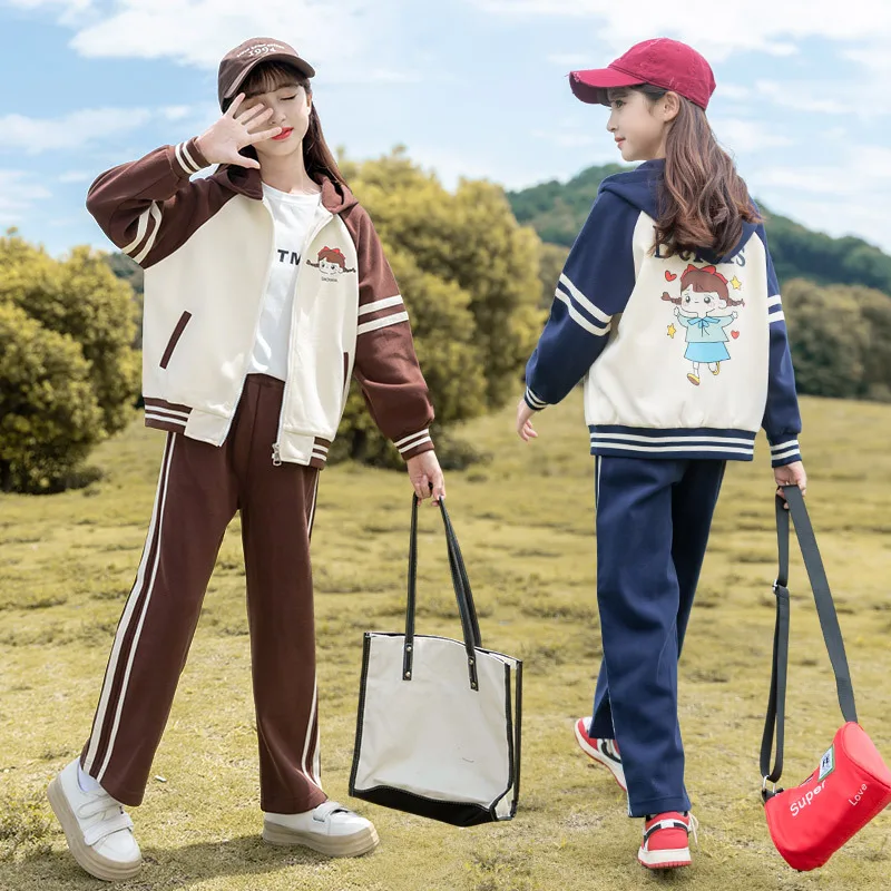

Корейский весенне-осенний детский спортивный костюм из 2 предметов для девочек, контрастное пальто для девочек + прямые брюки в полоску, детский комплект для тренировок для бега, От 5 до 14 лет