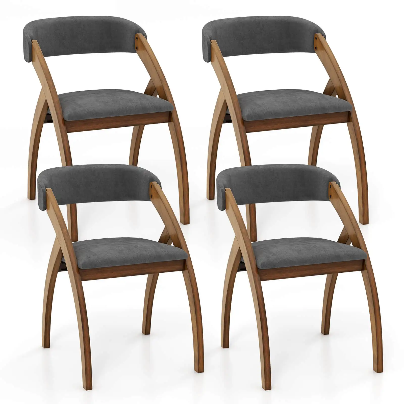 Dining Chair Set of 4 w/ Padded Cushion Curved Back Arched Rubber Wood Legs