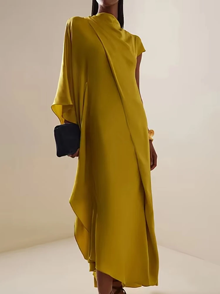 Damska sukienka satynowa z wysokim stanem, w jednolitym kolorze, luźna, długa, elegancka, z dekoltem w kształcie litery O, asymetrycznymi rękawami, modna w 2026 roku.