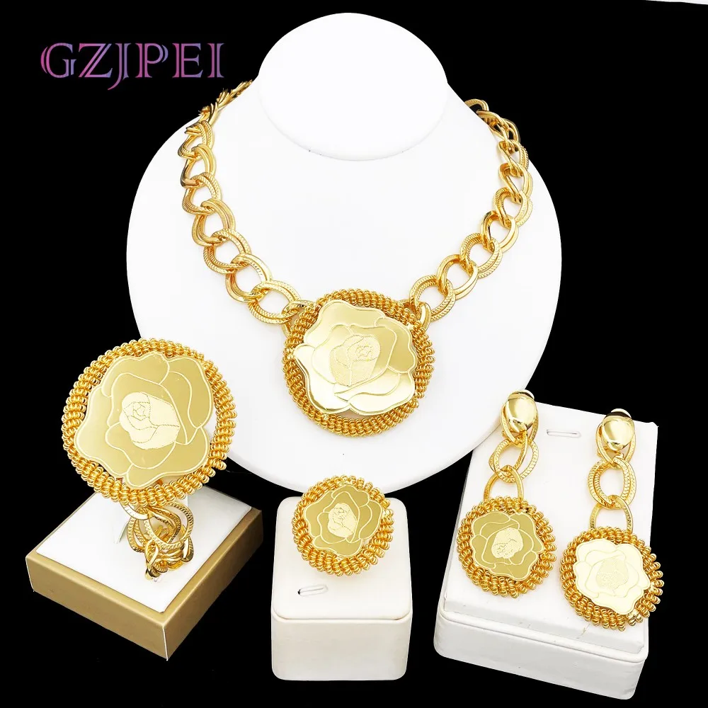 

GZJPEI 4Pcs Gold Color Rose Jewelry Set Exaggeration Big Drop Necklace Super Large Bracelet Long Earring Ring For Women Gift