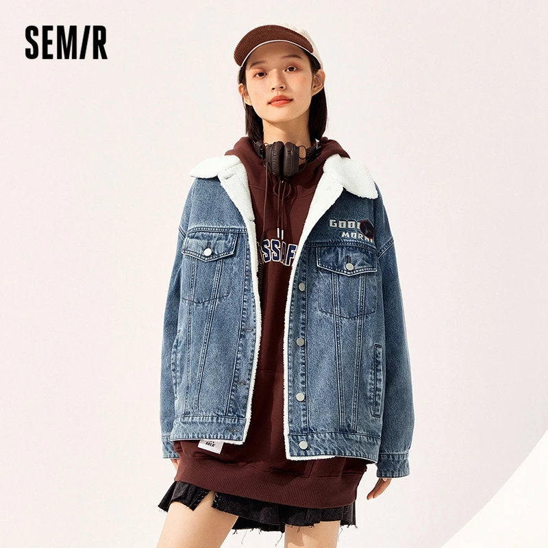 

Semir Denim Jacket Women Imitation Lamb Wool Loose 2024 New Winter Casual Cotton-Padded College Coat