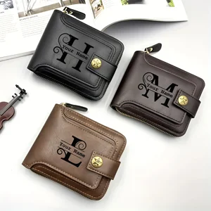 Customized Men's Name Wallet Gift - Fashionable Brown Faux Leather Wallet, With Engraved Design, Snap Closure, Zipper Card Holde