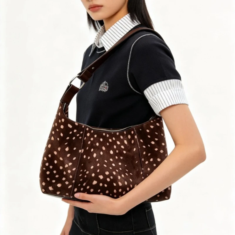 Deer Spots Schultertasche aus Kunstwildleder, Vintage-Handtasche für Damen, ideal für den Alltag im Herbst und Winter, große Kapazität, weich, lässig, mit Reißverschluss. – Detail 3