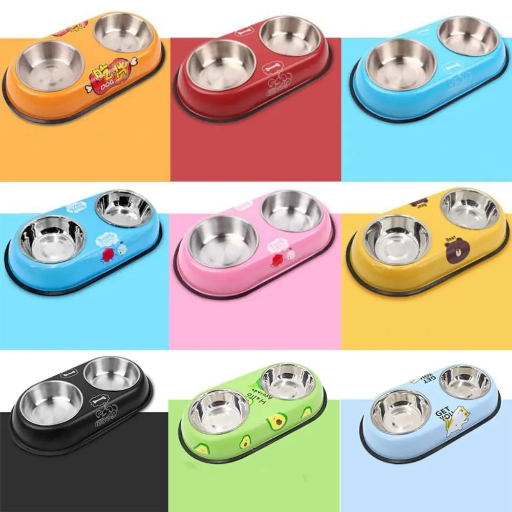 Stainless Steel Pet Feeding Double Bowls Non-Slip Anti Ants Dog Feeder Dispenser Cartoon Portable Pet Food Basin Drinking Dish