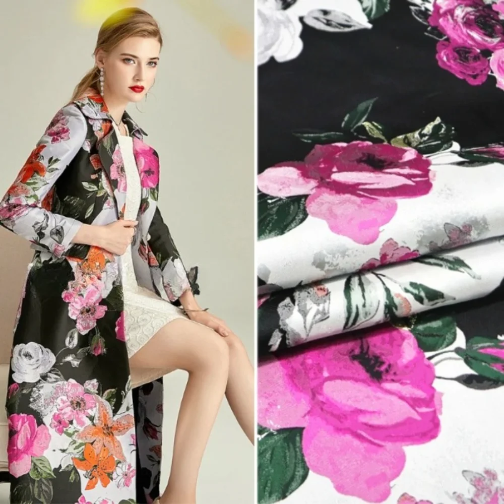 

Gold Silk Brocade Jacquard Fabric Spring Autumn Winter Rose Dress Windbreaker Suit Jacket Fashion Brand Design for Sewing Cloth