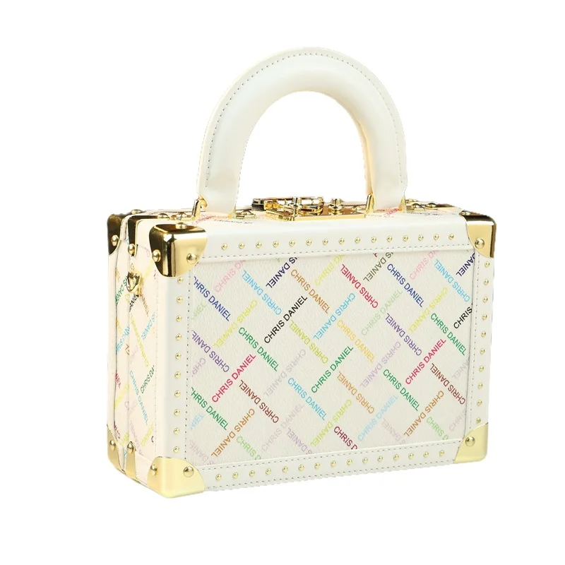 Colorful letter print small box bag with rivet metal corners, vintage lock clasp, can be worn crossbody, light luxury evening ba