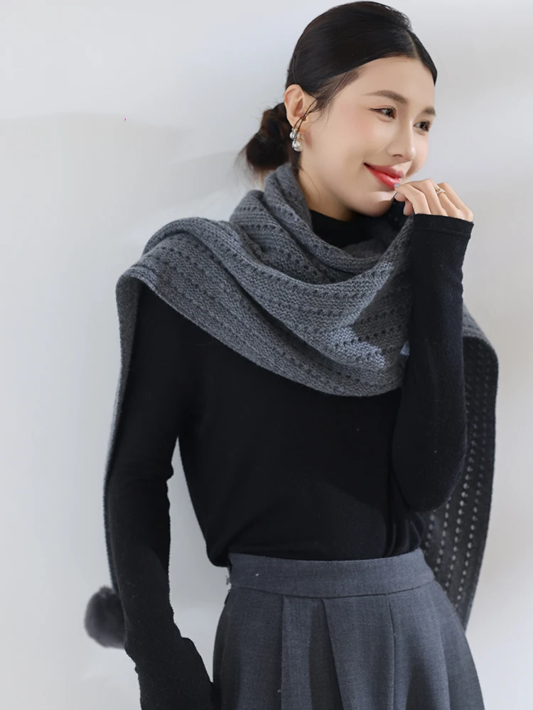 High-end Triangle Shawl Autumn Winter Women's Scarf Shawl Sweater 100% Cashmere Scarf French Style Warm Ornament Fur Ball Shawl
