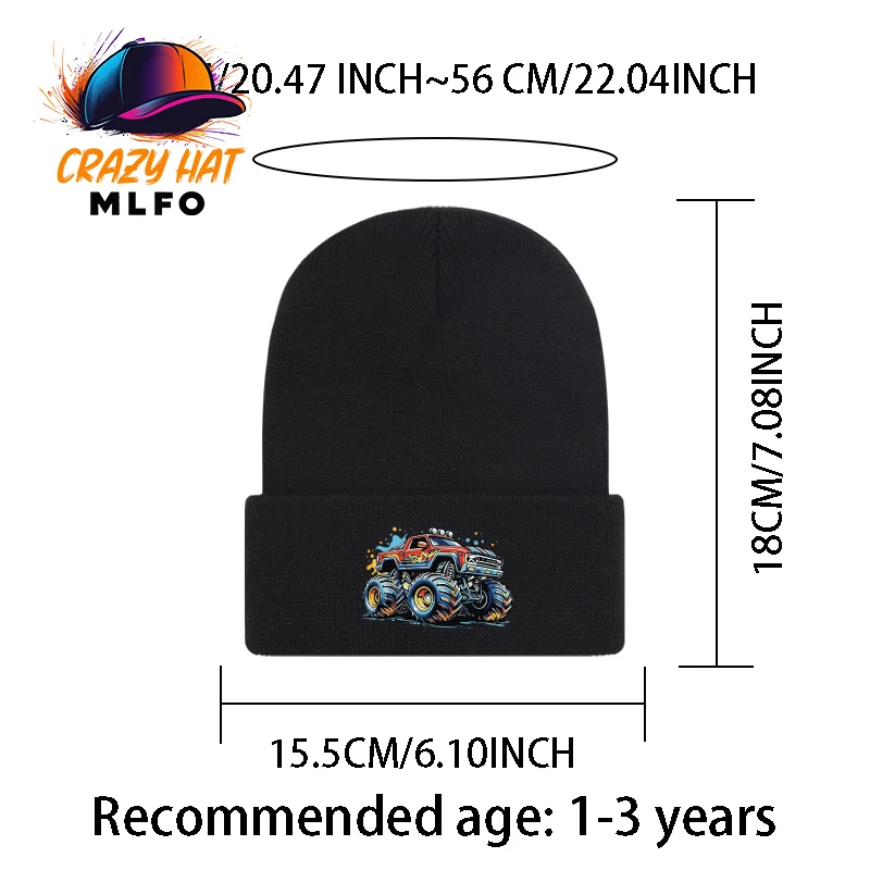Cool Boys Outfit Knit Cold Hat 1‑3Y Monster Truck Cartoon Print Toddler Knitted Beanie Playtime Children Head Cap view 2