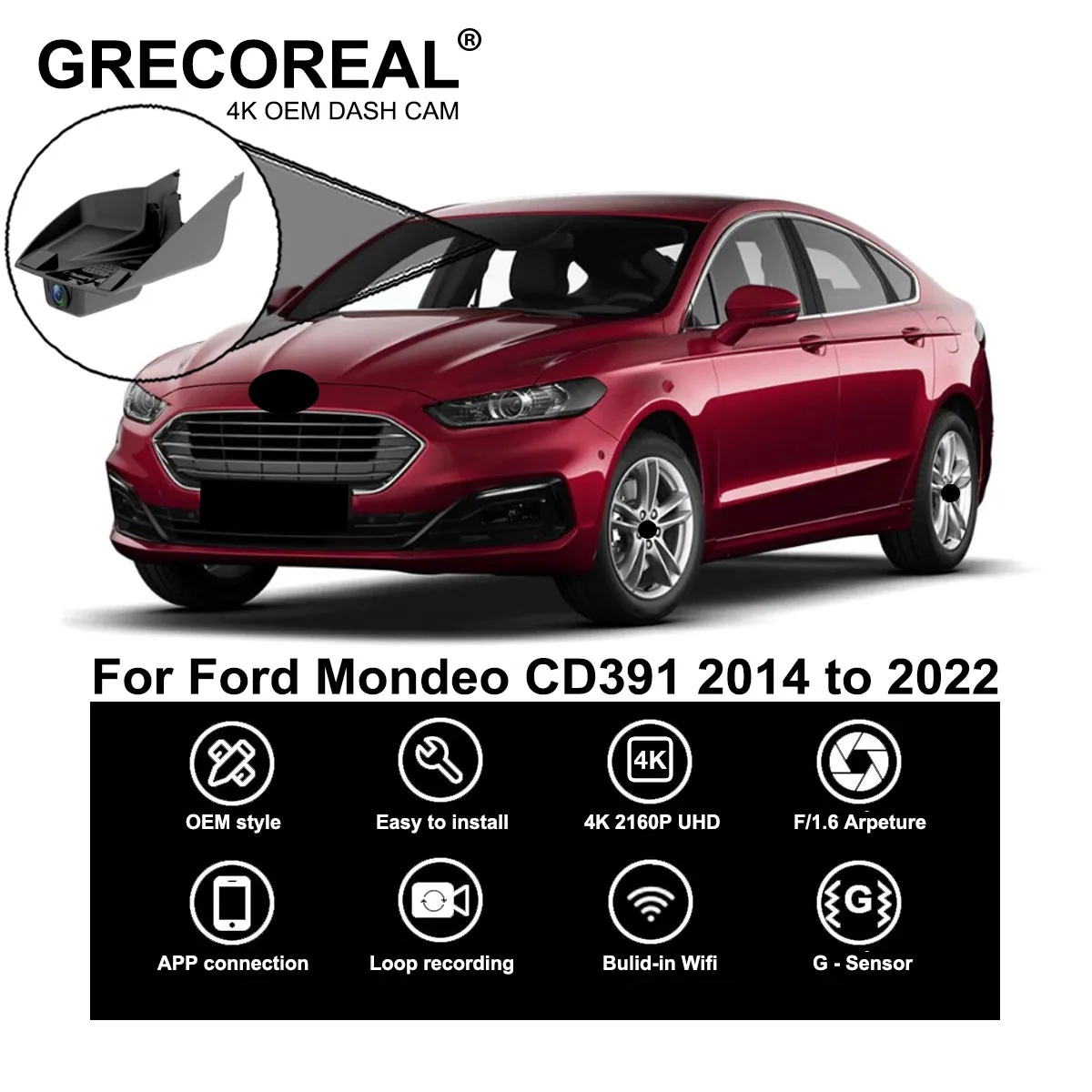 

GRECOREAL 4K Car Dash Cam Front and Rear WiFi Dual Dashcam Car Camera APP Control Plug Play Compatible with Ford Mondeo CD391
