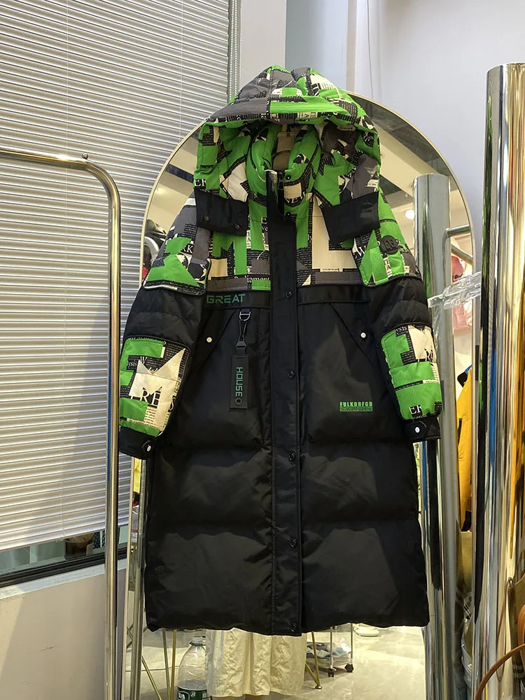 2025年トレンド新色ブロックダウンジャケット レディース 膝丈 ルーズ 厚手 冬 カラーコントラスト スリムダウンコート