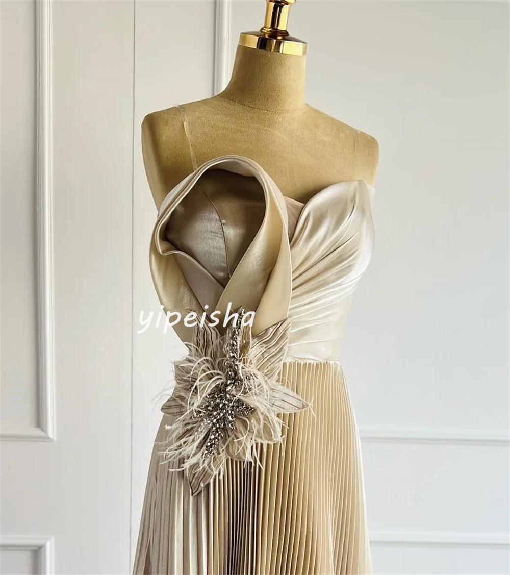 Customized Intricate Sparkle Satin Handmade Flower Feather Rhinestone Pleat Draped A-line Strapless Long Dresses Prom Dresses Fo