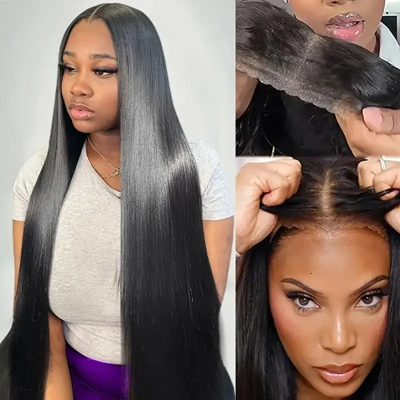 13X6 HD Lace Forehead Wig Natural Black 18 38 Inch  Human Hair Straight Women Pre-Plucked Closure 180 Density