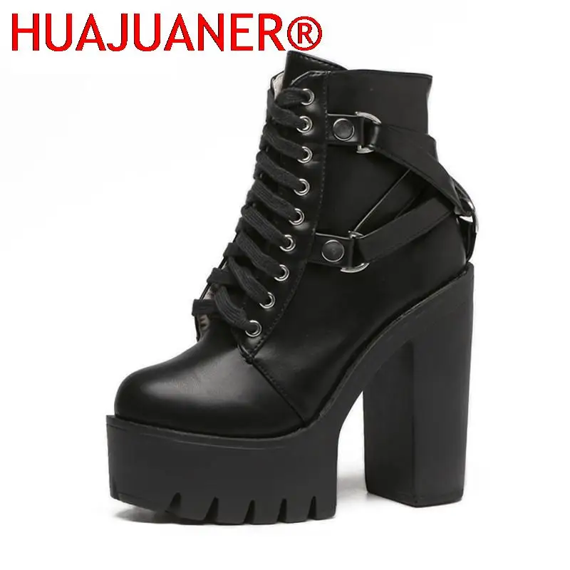 2025 Fashion Black Boots Women Heel Autumn Lace-up Punk Leather Platform Shoes Woman Party Ankle Boots High Heels Botas Mujer