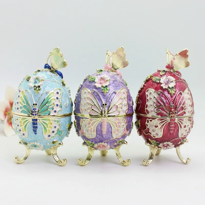 Caja de Recuerdos con Forma de Huevo de Pascua de Mariposa, Caja de Joyería con Bisagras Estilo Huevo de Fabergé, Figura Metálica para Decoración del Hogar, Regalos de Pascua