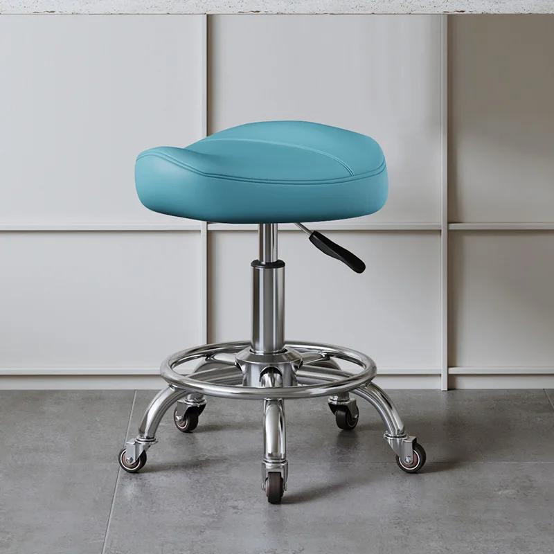 Portable PU Leather Saddle Stool Mobile Lift Salon Stools Beauty Salon Backrest Seat Professional Hairdressing Stool with Wheels