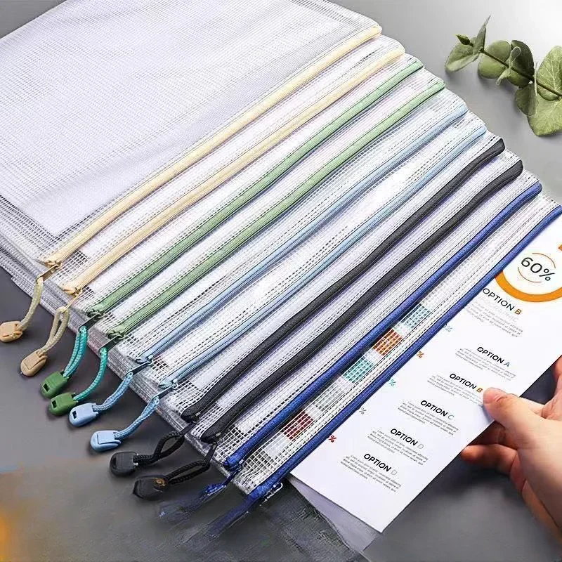 A4 File Bags Transparent Grid Zipper File Student Stationery Large Capacity Carry Storage Bag Office Learning Business Supplies