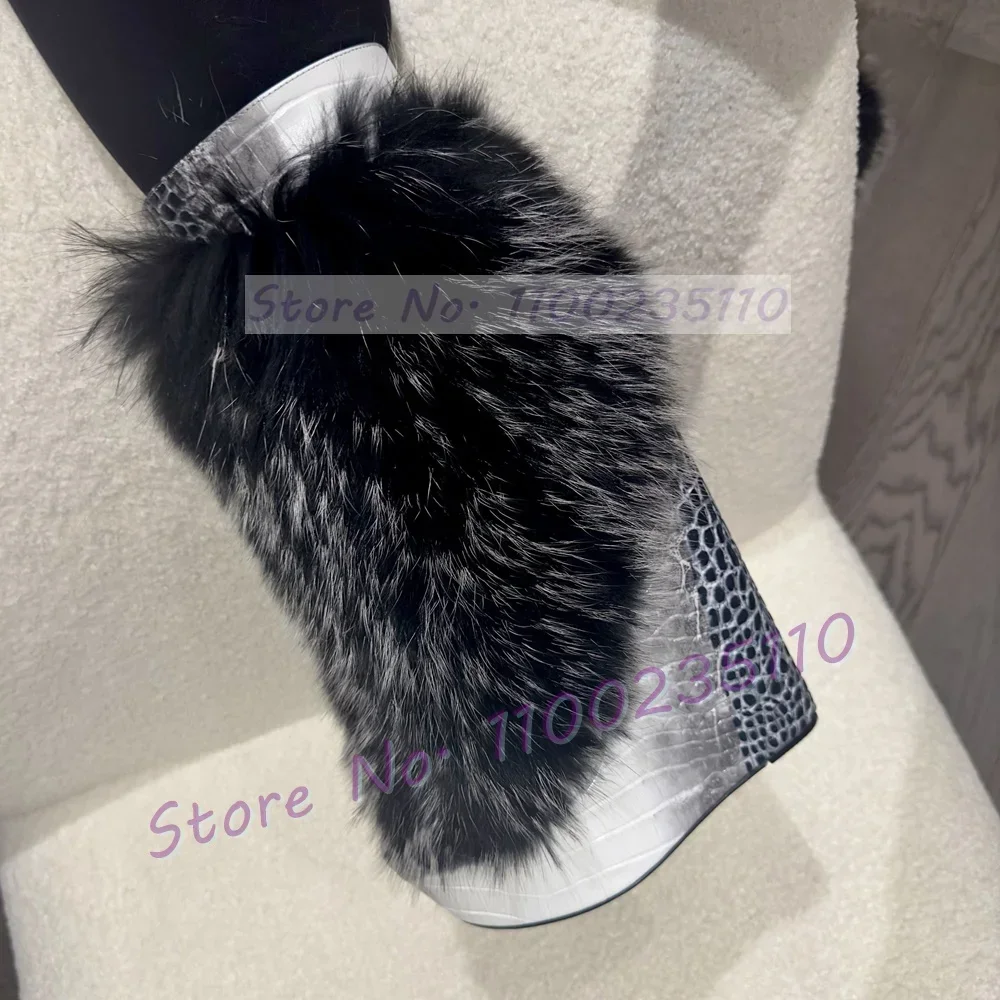 Brown Fur Wrap Platform Wedge Booties Women Trends Round Toe Winter Snow Shoes Female Slip On Patchwork Furry Increase Boots