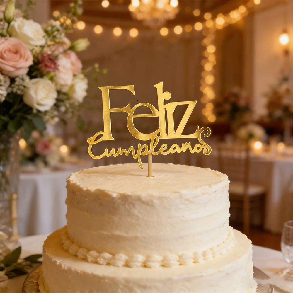 Spanischer Acryl-Cake-Topper „Feliz Cumpleaños“ – Geburtstagsparty-Deko-Seitenplatte für Feierbedarf, Kuchendekoration, Ornament