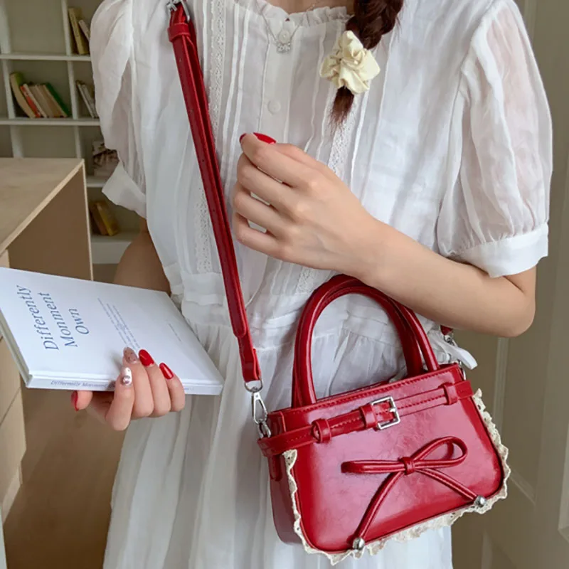 

Bow Handbags For Women Korean Style Zipper Pu Leather Crossbody Bag Trendy Versatile Lace Shoulder Pack Cute Girls Square Bags