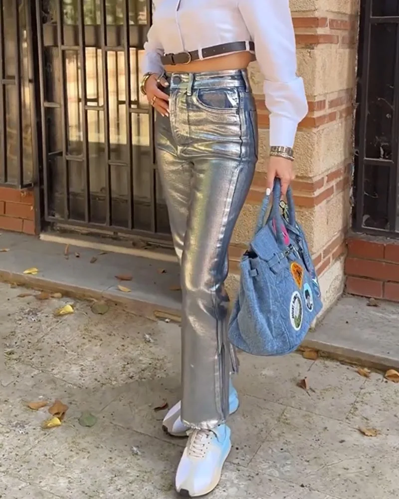 High Waist Gilded Coated Loose Jeans Straight Wide Leg Cool Design Denim Pants Women's New Fashion High Street Trousers