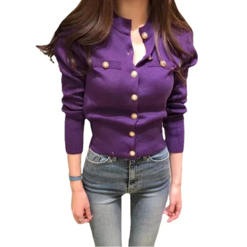 

Knitted Cardigan Jacket Women's Autumn and Winter New Retro Short Style Slim Fit Sweater Long Sleeved Top 17375