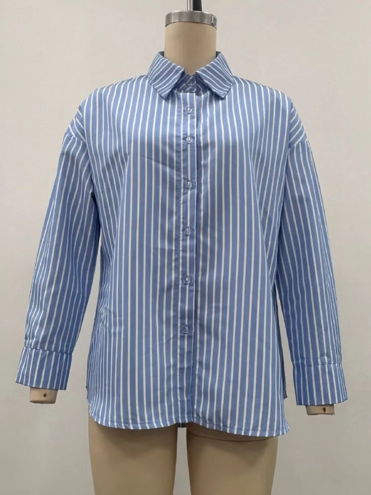 

Ladies' Autumn Casual Shirts Fashionable Blue Color-blocking Stripes Shirt Spring Lapel Long-sleeved Tops Elegant Commuter Wear