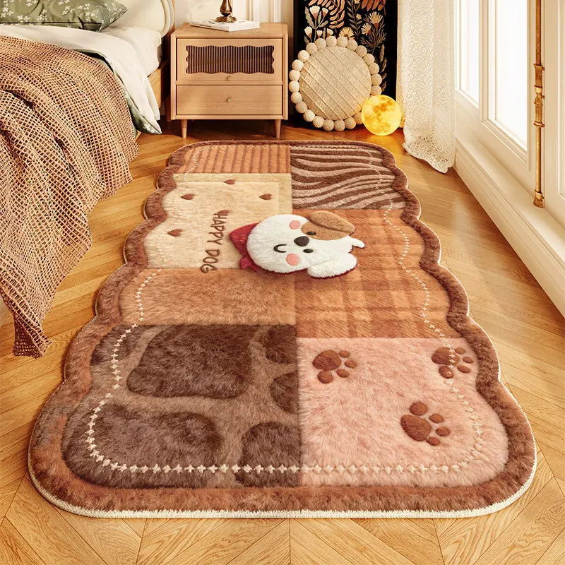 VIKAMA Cow Print Stripe Scalloped Runner Rug, Soft Fluffy Flannel Bedside Carpet, Non Slip Washable Bedroom Mat with Teddy Bear