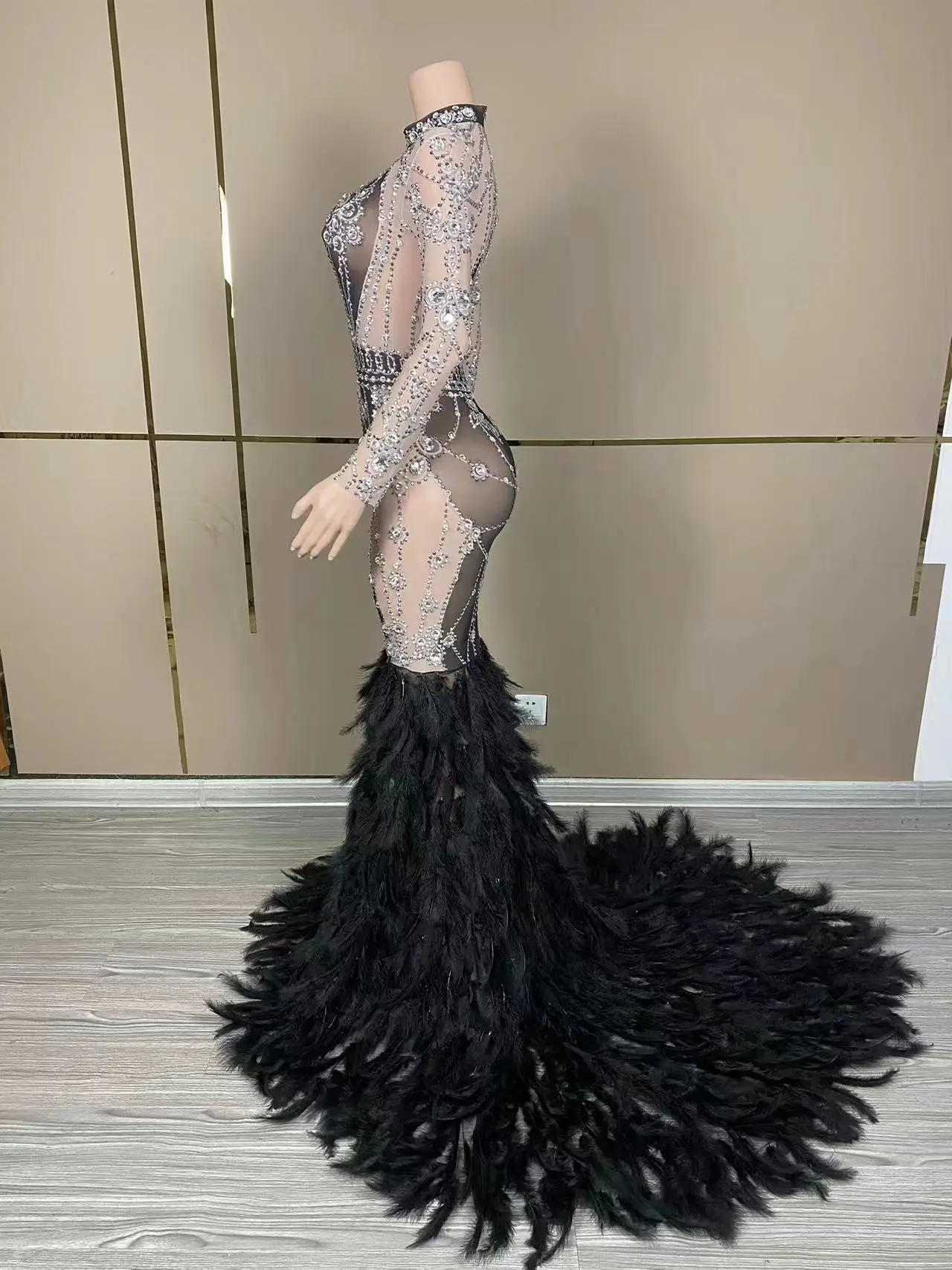 Vestido ajustado de lentejuelas de encaje elástico alto, manga larga, pluma, Streaking, personalizado, Sexy, fiesta de cumpleaños, actuación, nuevo