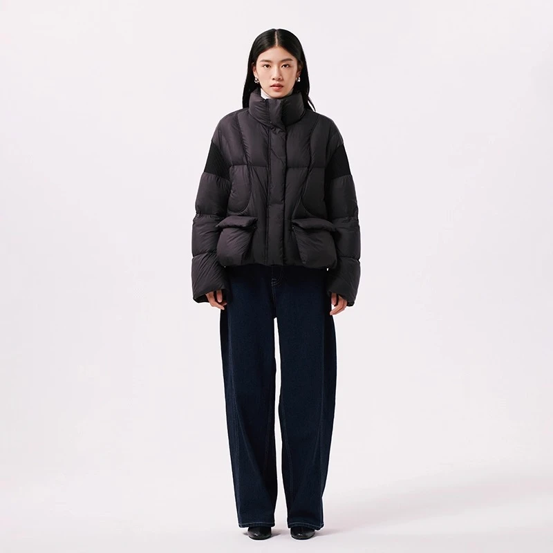 Chericom Women's Short Puffer Jacket Stand Collar Zippered Placket Drawstring Hem Snap-Button Flap Pockets Windproof Y299111Y