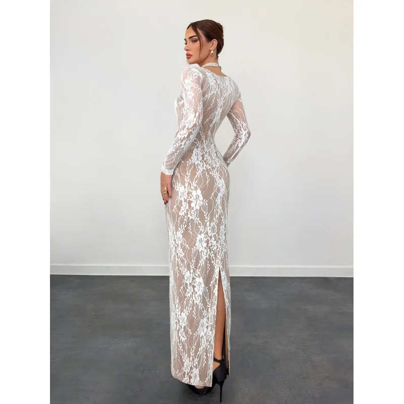 2025 Women Dress Elegant Fashion Beautiful Women's Lace Elegant Square Neckline Patchwork Collar Long Sleeve Slim Fit Long Dress